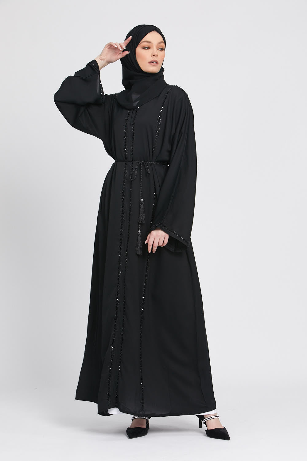 Black Closed Abaya with Dainty Floral Embroidery