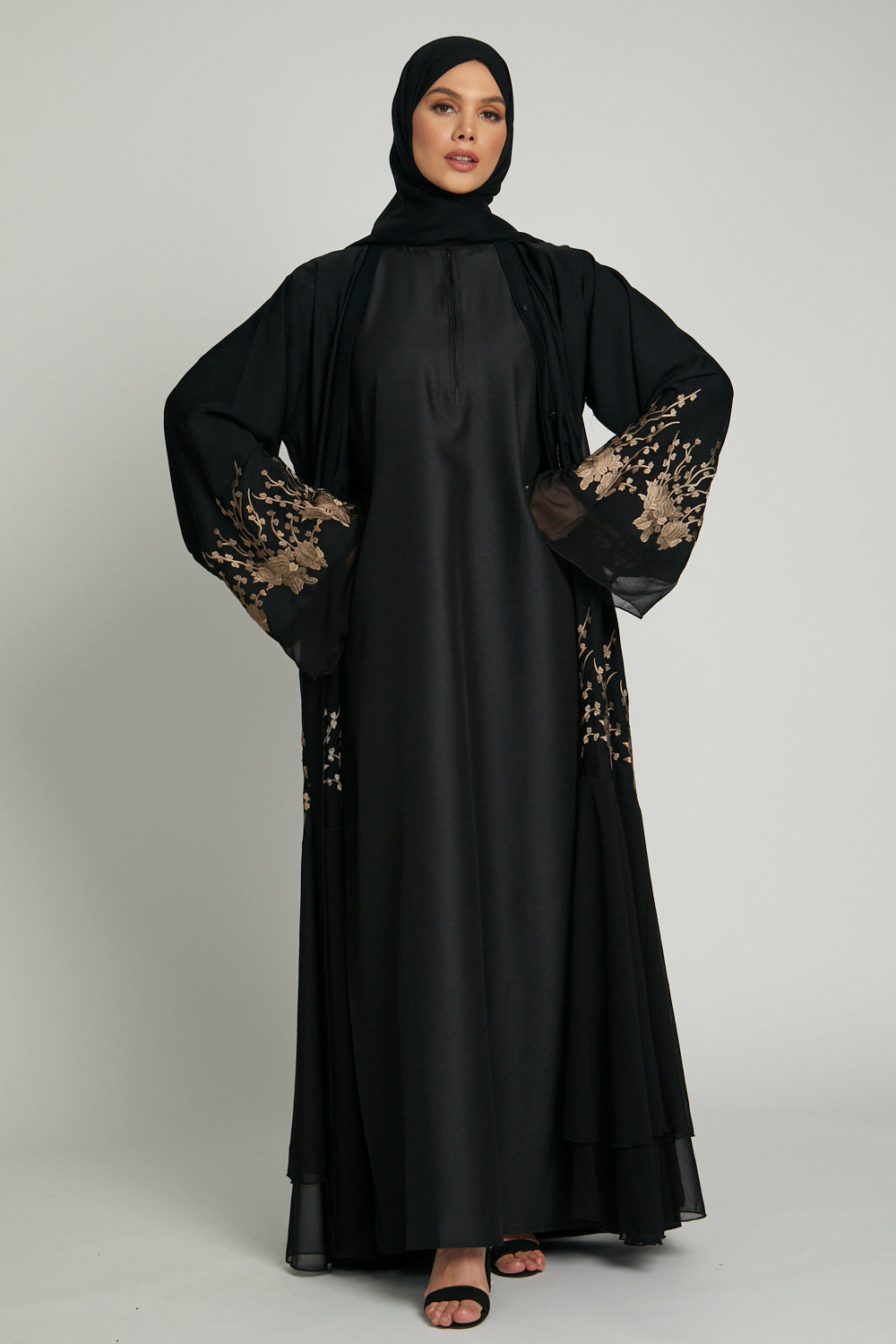 Black Chiffon Open Abaya with Floral Cascading Embellishments