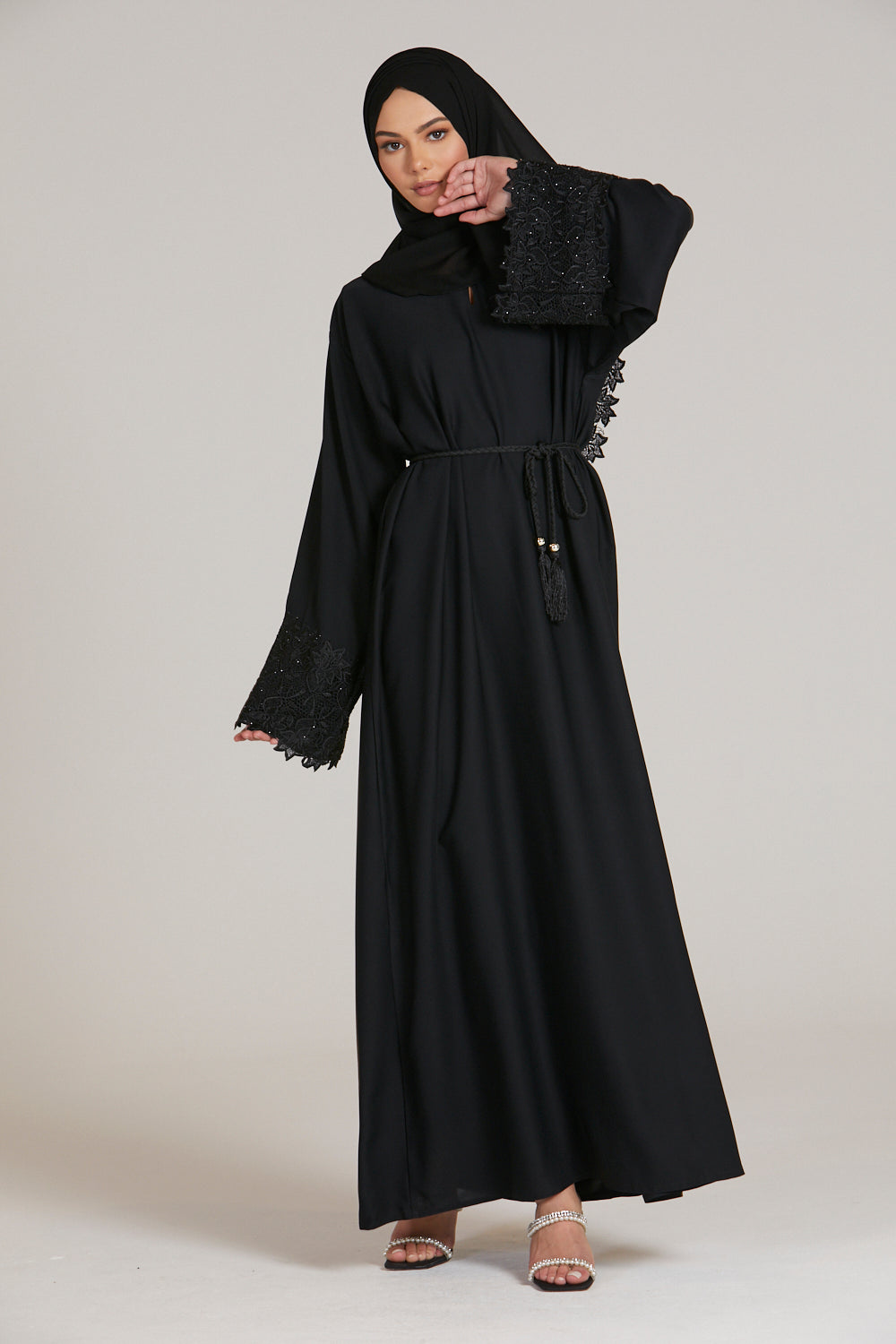 Black Closed Abaya with Embellished Floral Cuff