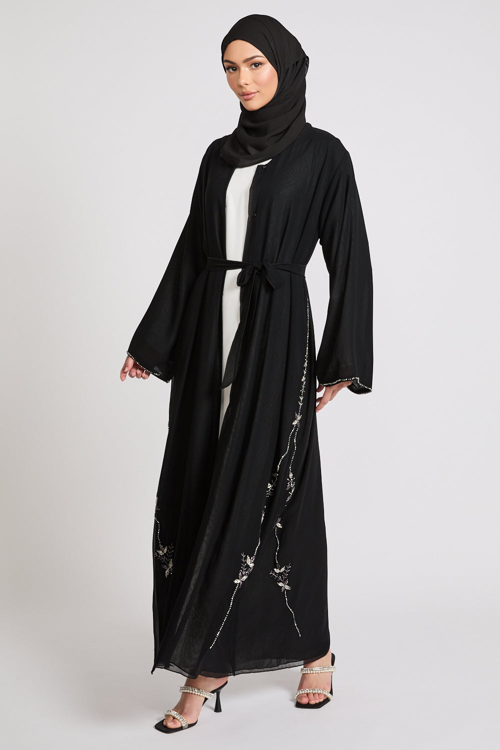 Black Floral Lace Chiffon Layered Open Abaya